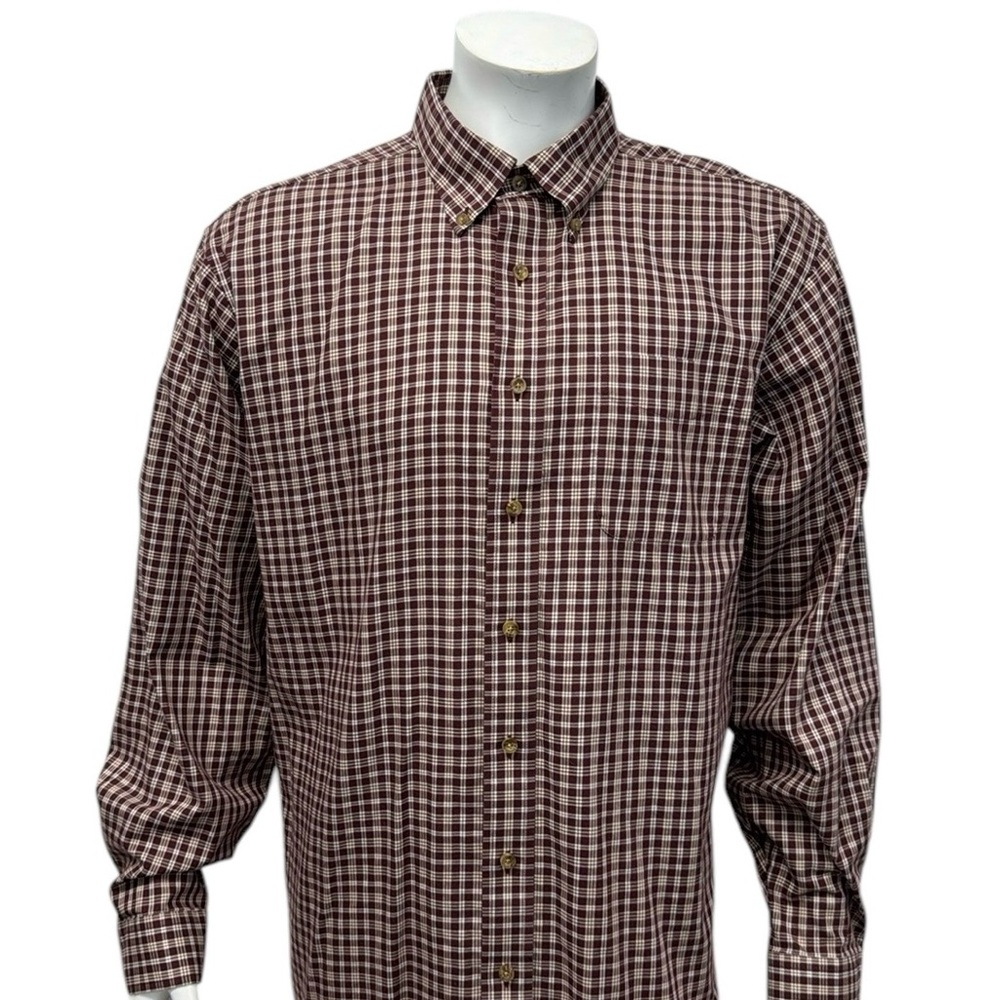 LL Bean Classic Burgundy White Plaid Cotton Long Sleeve Men’s Shirt Size XL Tall